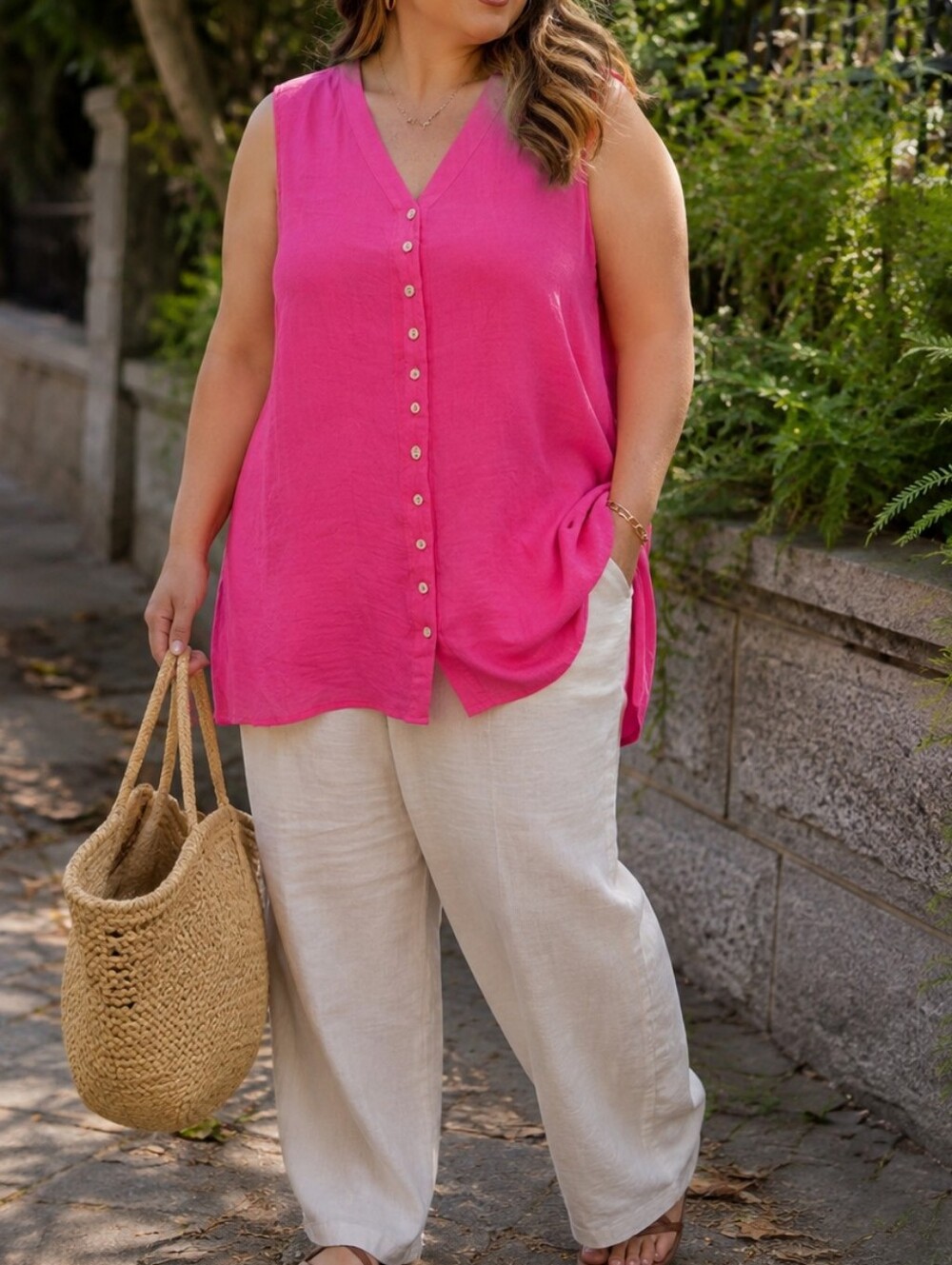Creation Est 2011 Plus Size Hot Pink V-Neck Button Front Sleeveless Tunic Top
